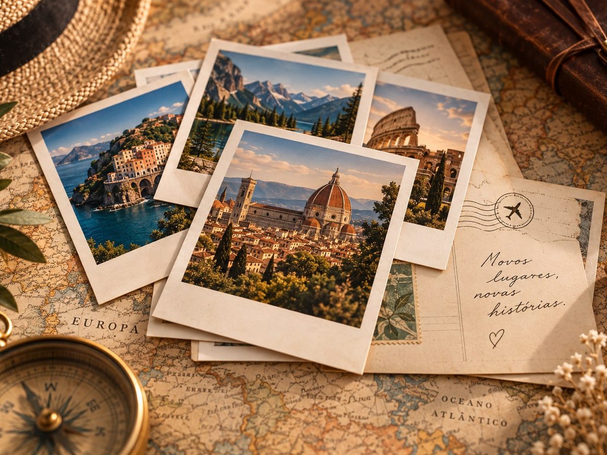 Colagem de fotos polaroid e cartões-postais de vários destinos