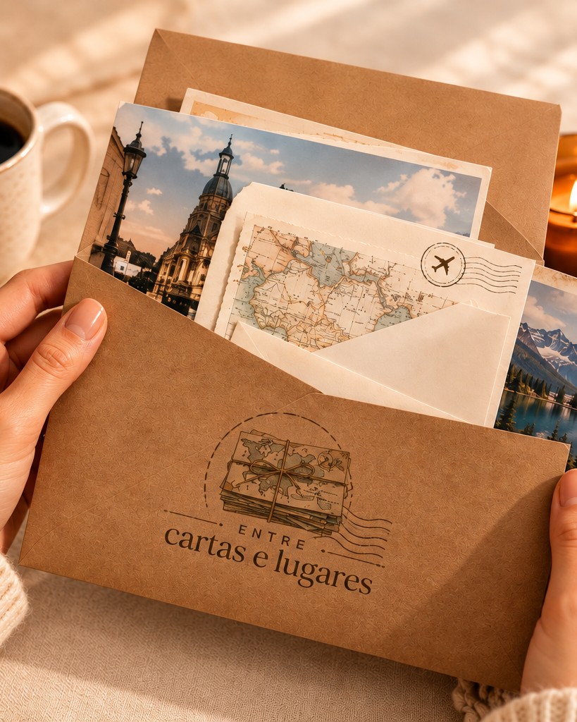 Mãos abrindo um envelope kraft com cartões-postais e café ao lado